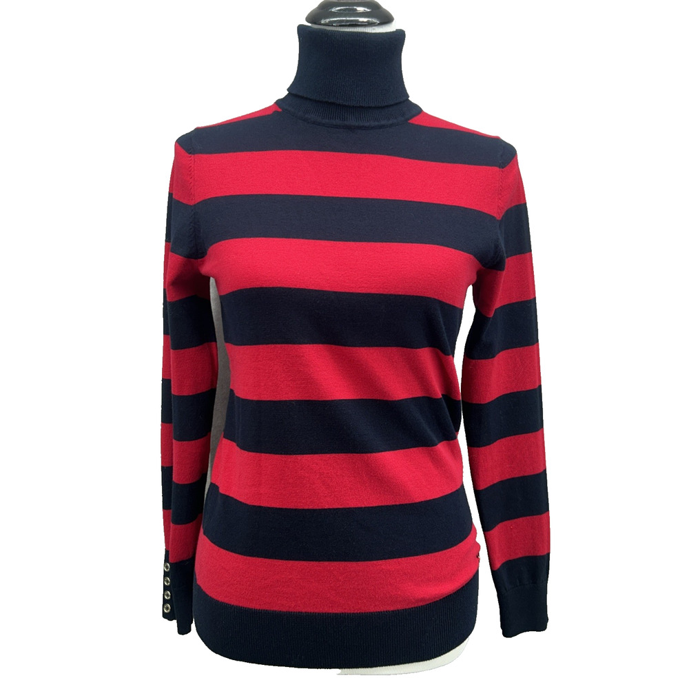 Tommy Hilfiger Womens S Red Navy Striped Turtleneck Sweater Preppy Metal Buttons